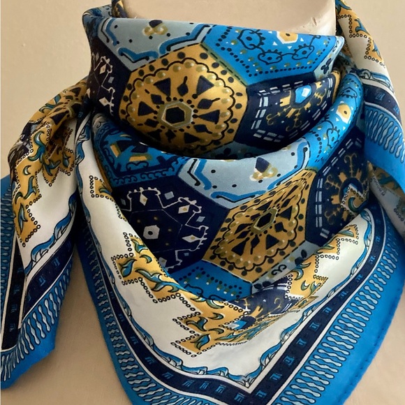 Vintage Silk Scarf, blue and yellow, 1980s - Picture 1 of 10